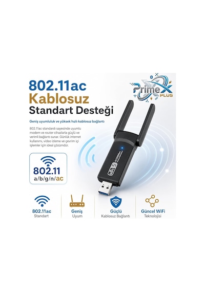 Primex Px-ac1200 Usb 3.0 Wifi Adaptör, Realtek Rtl8812bu, Ac1200/ac1300 Dual Band 2.4g-5g, 802.11ac Kablosuz Ağ Alıcı, Pc Laptop Masaüstü İçin Wireless Usb Dongle