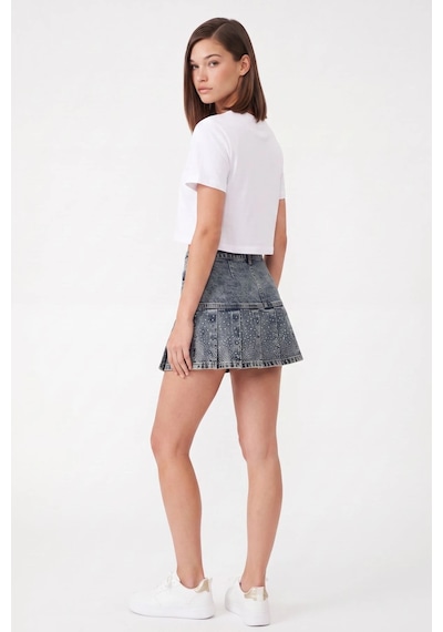 CEMO Taş Detaylı Pileli Denim Mini Etek Buz Mavisi