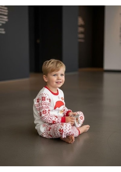 Zekids Çocuk Pamuklu Yılbaşı Temalı Noel Baba Baskılı Pijama Takımı-16589 Renklı