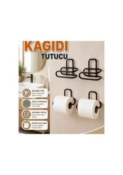 4 Adet Siyah Metal Yapışkanlı Tuvalet Kağıdı Tutucu Delmeden Montaj Renkli