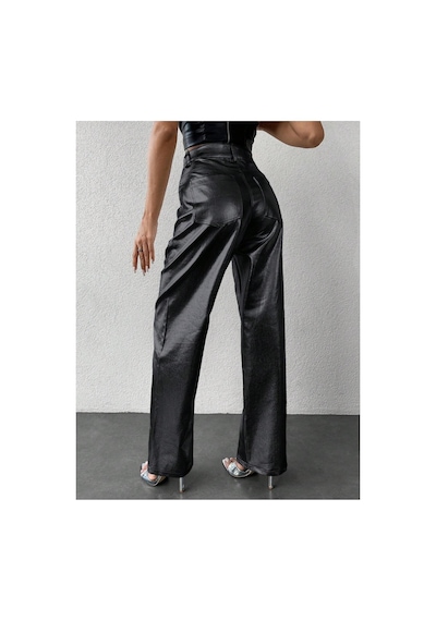 Kene Jeans Kadın Siyah Bol Paça Deri Pantolon Siyah