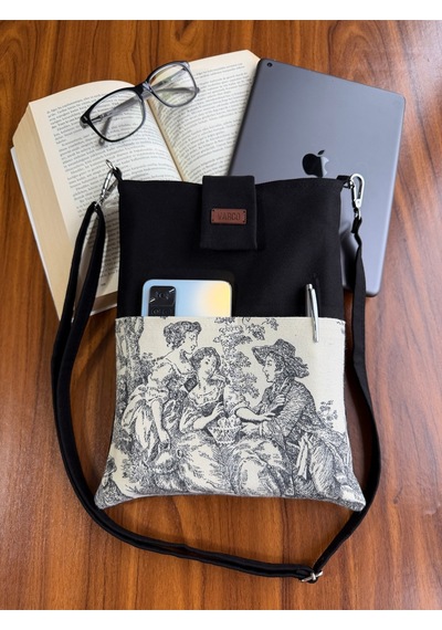 Aksesuarsepeti El Yapımı, Fransız Köylüsü Desenli, Cepli, Taşıma Askılı, Kılıf Çanta, Tablet Kılıfı, Kitap Kılıfı Siyah