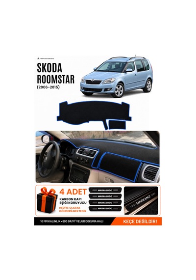 Skoda Roomstar 2006-2015 Uyumlu Torpido Örtüsü, Torpido Kılıfı - Siyah-mavi - Sk002