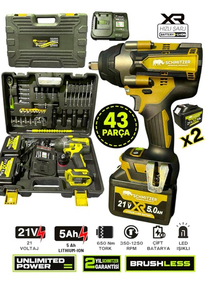 Schmıtzer Sch-9502s Pro 21v 15 Pilli Çift Akülü Kömürsüz Darbeli Vidalama 650 Nm Somun Sıkma Sökme Matkap