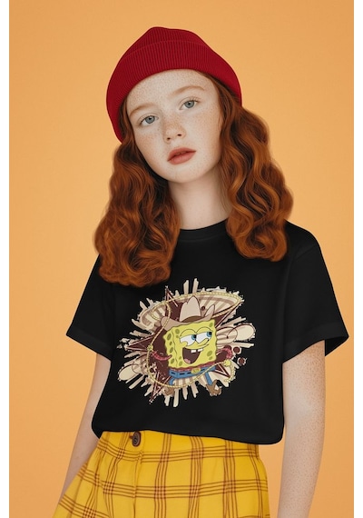 Sevbano Kovboy Süngerbob Baskılı Unisex Çizgi Film Çocuk Tişört 1-12 Yaş SIYAH