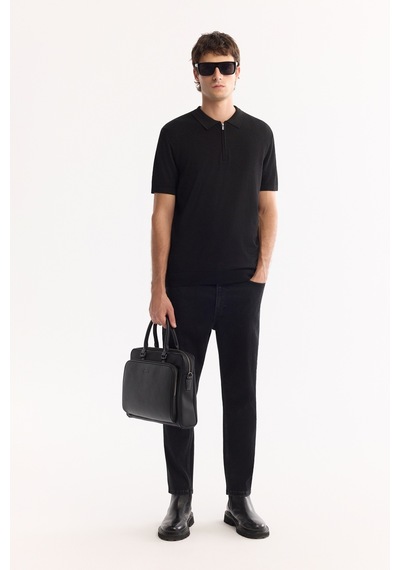 Avva Erkek Siyah Polo Yaka Fermuarlı Rayon Tüylenmeyen Triko Regular Fit T-shirt A52y5006