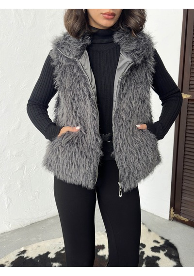 Verymoda Yapay Kürk Kadın Yelek Fermuarlı, Yumuşak Dokulu I Vmf2046 Gri