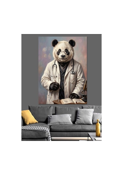 Doktor Önlüğü Giymiş Bilge Panda Yağlı Boya Dokulu Kanvas Tablo Canvas Tablosu