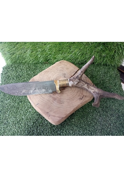 Tctknives Damascus Serisi El Yapımı Av Kamp Bıçağı Boynuz Kabzeli 0000 Kahverengi