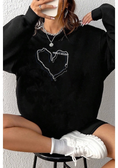 Unisex Holiday Baskılı Bisiklet Yaka Sweatshirt Siyah