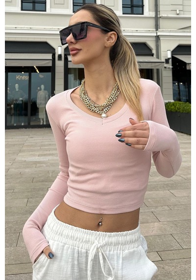 Madmext Pembe V Yaka Uzun Kollu Kaşkorse Body Mg2192 Pembe