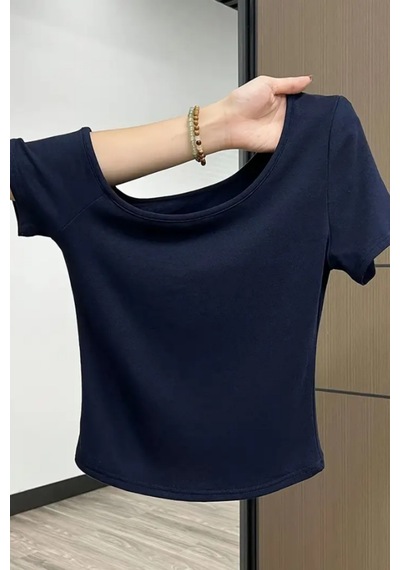 Lacivert Kadın Düşük Omuz Kayık Yaka Dar/slim Likralı T-shirt Lacivert