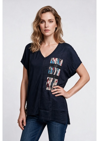 Daido Daıdo Kadın V Yaka Rahat Kesim Dokulu Kumaş İşlemeli Kısa Kollu T-shirt Siyah