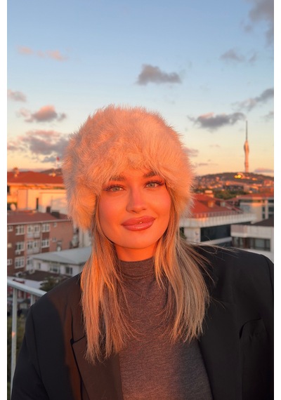 Mollycrush Elit Rus Slav Tarzı Suni İçi Deri Peluş Tüylü Kadın Kalpak Şapka Bej