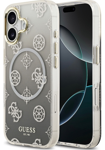 Apple Uyumlu iPhone 17 Kılıf Guess Lisanslı M-safe Şarj Özellikli Simli Peony Desenli Silikon Kapak Siyah Siyah
