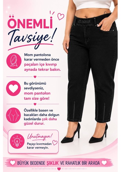 Zanessi Fashıon Yüksek Bel Mom Kalıp Paçası Taşlı Kadın Denim Pantolon Siyah