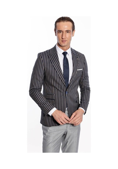 Wessi Çizgili Koyu Slim Fit Lacivert Erkek Ceket Siyah