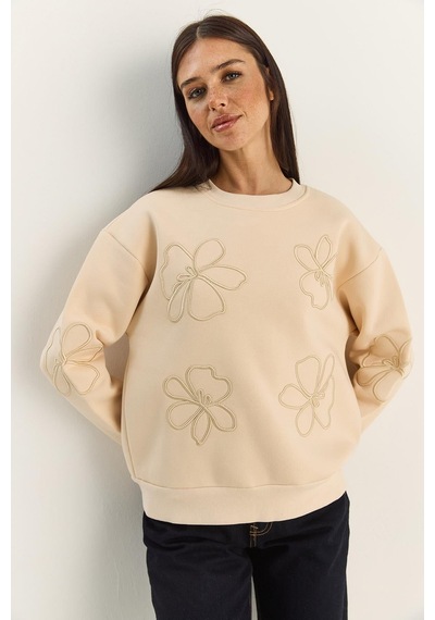 Shade Kadın Çiçek Eva Nakış Üç İplik Şardonlu Sweatshirt 60601046 - Bej