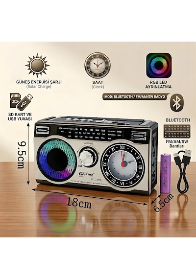 Solar Şarjlı Bluetooth Radyo Saatli Rgb Ledli Usb/sd Destekli Type-c Şarjlı Nostaljik Radyo