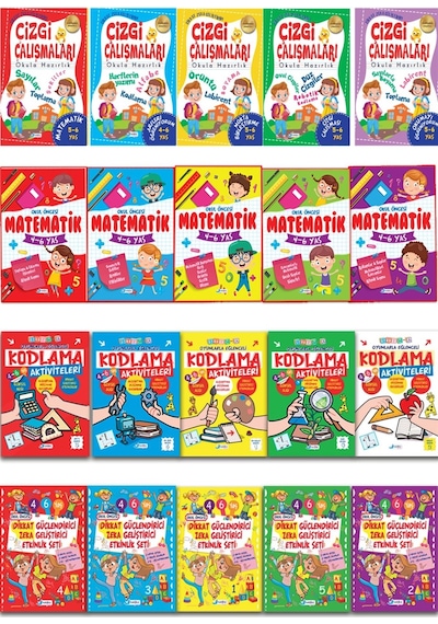4-6 Yaş 20 Kitap Dikkat Geliştirici Matematik Kodlama ve Çizgi Çalışmaları Seti
