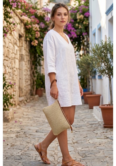 Vivazzaluxe Doğal Hasır Örme Orta Boy Kadın Yazlık Portföy Clutch Çanta Krem
