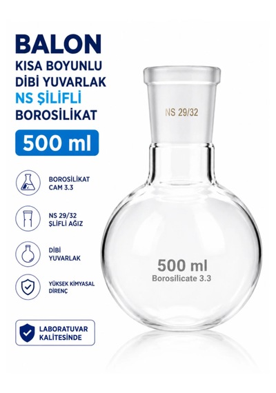 Balon Kısa Boyunlu Dibi Yuvarlak Ns Şilifli Borosilikat 500 Ml