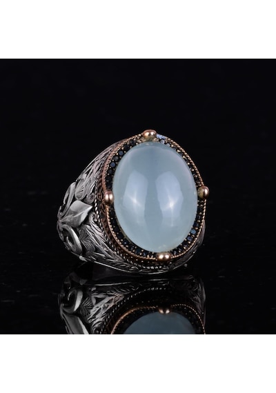 925 Ayar Gümüş El Yapımı Erkek Yüzük - Farklı Doğal Taş Seçenekleriyle Cabochon Akuamarin Gümüş