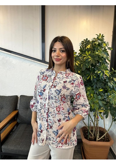 Kadın Ekru Kaçık Yaka Çiçek Desenli Gömlek/bluz Ekru