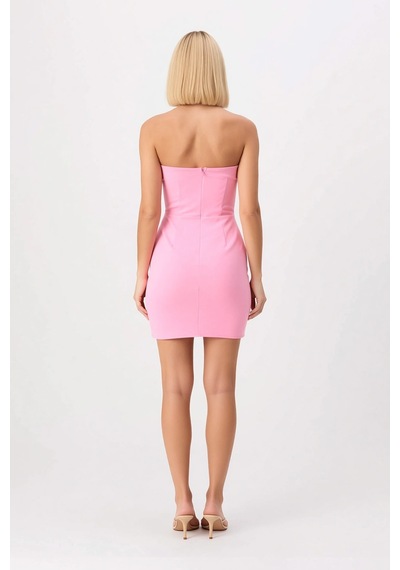 Benerly Kadın Straplez Kolsuz Bodycon Kısa Elbise Düz Dokuma Astarlı Fini Pembe