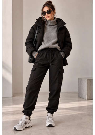 Bb Butik Basic Kadın Poliviskon Gabardin Cargo Jogger Pantolon Dm3535 siyah