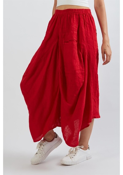 Bohem Stil İtalyan Cepli Keten Şalvar Pantolon Cmn00154 Kırmızı