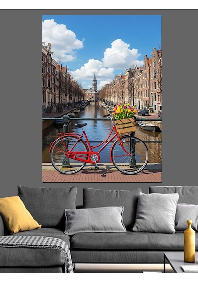 Ahşap Tablo Amsterdam Kanalları Ve Bisikletli Şehir Manzarası
