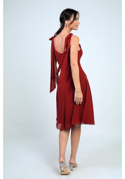 By Saygı Kadın Omuzu Bağcıklı Astarlı Kısa Elbise-41312 Bordo