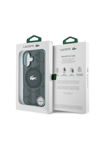 Apple Uyumlu iPhone 16 Kılıf Lacoste Lisanslı Magsafe Iml Baskılı Timsah Logolu Monogram Kapak Yeşil