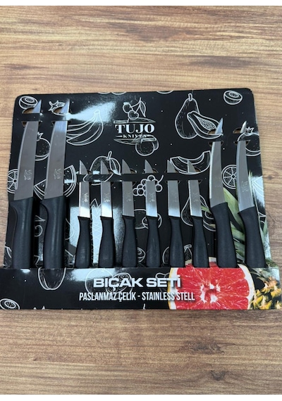 10 Lu Lazer Kesim Tırtıklı Bıçak Seti, 2 Adet Ekmek Bıçağı, 2 Adet Sebze Bıçağı, 6 Adet Meyve Bıçağı Siyah