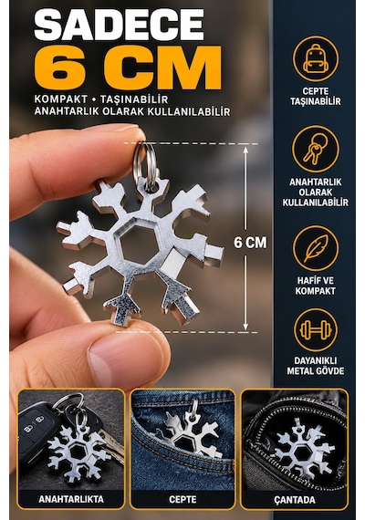 18'i 1 Arada Çok Amaçlı Kar Tanesi Anahtarlık Mini Tornavida Alyan Aparatı