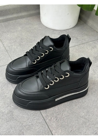 Erva'nın Butiği Siyah Cilt Miles Taş Detay Yüksek Taban Bağcıklı Sneakers-5636