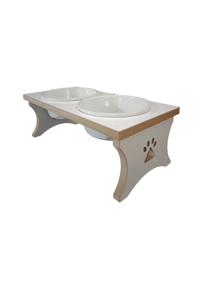 Köpek Su Ve Mama Kabı Standı - Büyük Irk - Beyaz Mdf - 2'li Model - Beyaz Seramik Kase - 2 1000ml