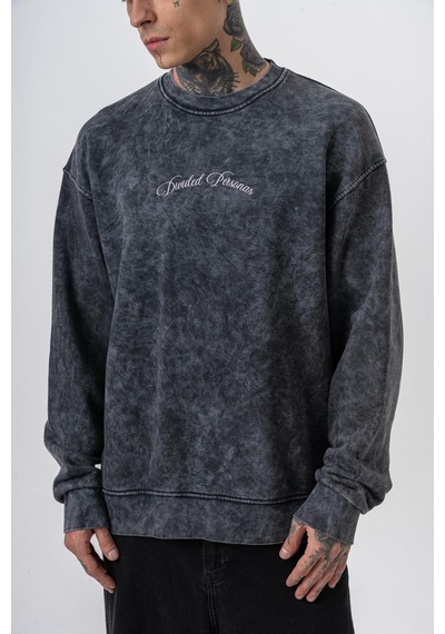 Respire Erkek Divided Baskılı Yıkamalı Bisiklet Yaka Oversize Sweatshirt Siyah