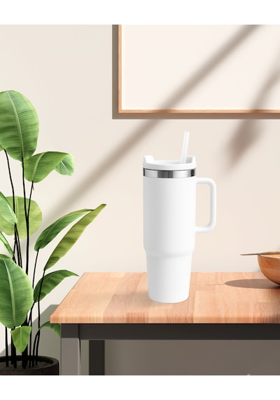 Beyaz Paslanmaz Çelik Termos Pipetli 1200ml