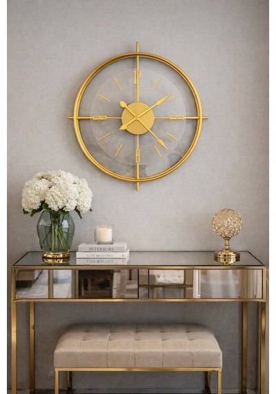 MetaQuartz Aksesuar (Büyük Boy-55*55cm) Gold Çiftçember Seri -modern Dekoratif Camlı Metal Saat Altın