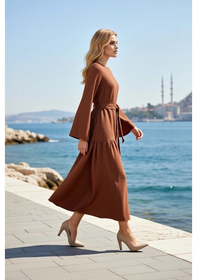 Benerly Kadın Maxi Elbise Uzun Kollu Bisiklet Yaka A-line Kesim Kuşaklı A Tarçın Benerly Kadın Maxi Elbise Uzun Kollu Bisiklet Yaka A-line Kesim Kuşaklı A Tarçın