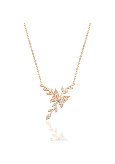 Gümüş Rose Zirkon Taşlı Dalda Dans Eden Kelebek Kolye Barcode Gümüş - Rose Gold