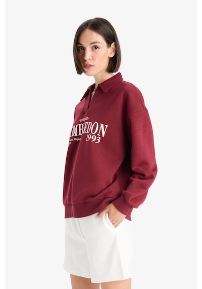 Defacto Relax Fit Polo Yaka Baskılı Kalın Sweatshirt F1063AX25AU Bordo