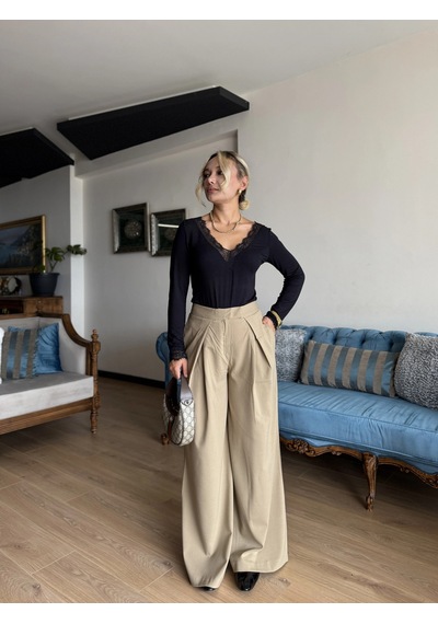 Keymoda Kadın Dökümlü Pileli Pantolon Bej
