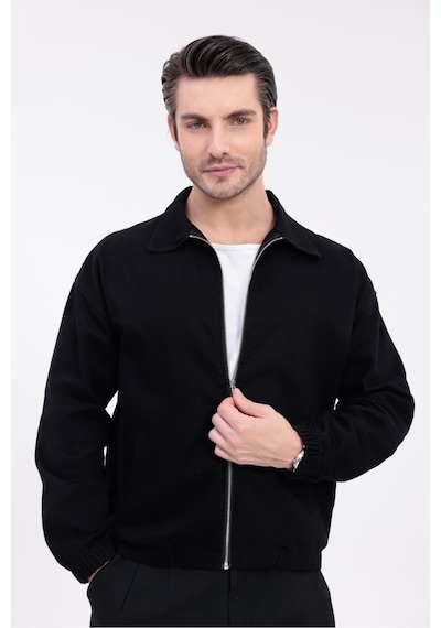 Mero Life Erkek Basic Old Money Fermuarlı Oversize Mevsimlik Polo Yaka Gabardin Kumaş Siyah Ceket