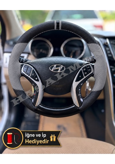 Hyundai Elantra Dikme Direksiyon Kılıfı Delikli Deri Parlak Siyah Gri Detay Çift Yüzük Ve Dikiş 2011-2016