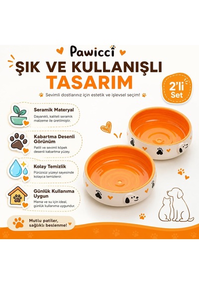 2'li El Yapımı Seramik Kedi Köpek Mama Ve Su Kabı Seti, 350 Ml Kabartma Desenli Stoneware, Bpa İçermez Gıda Güvenli, Kaymaz Tabanlı, Kedi Köpek Mama Kabı Takımı Turuncu
