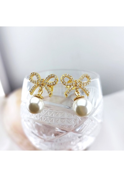 Vaoov 925 Ayar Gümüş Kurdeleli Gold İnci Küpe