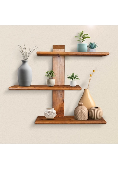Dekoratif Ahşap 3 Raflı Duvar Rafı Kitaplık Çiçeklik Biblo Baharatlık Rafı 60x48x18 Cm Meşe